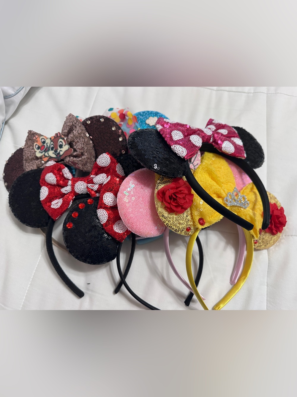10 Disney Sequin Minnie Ear Headbands - Black, Red, Pink, Yellow, Brown, Blue